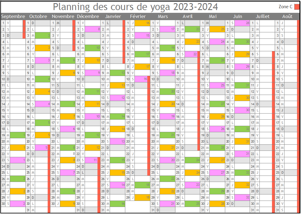 Calendrier des cours 2023-2024